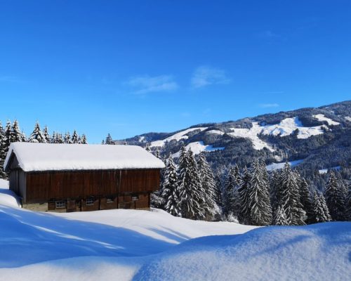 Haus im Schnee -Winterwanderung Österreich